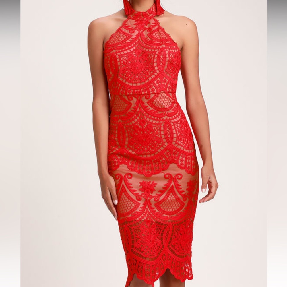 Lulu's Red Lace Midi Dress